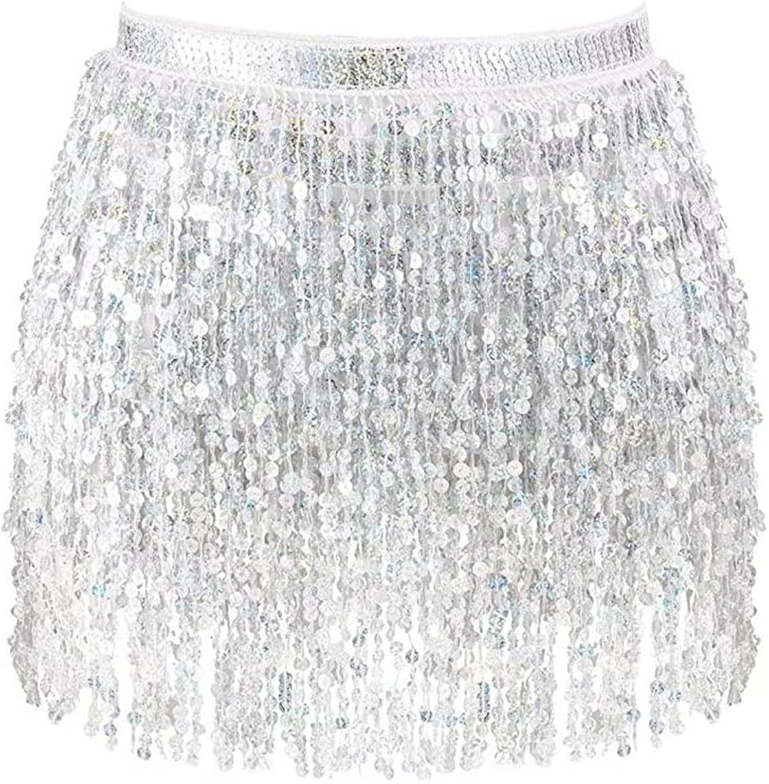 Sexy Sequin Belly Dance Hip Skirt Tassel Scarf Wrap Rave Costume Belts Skirt for Women | Amazon (US)