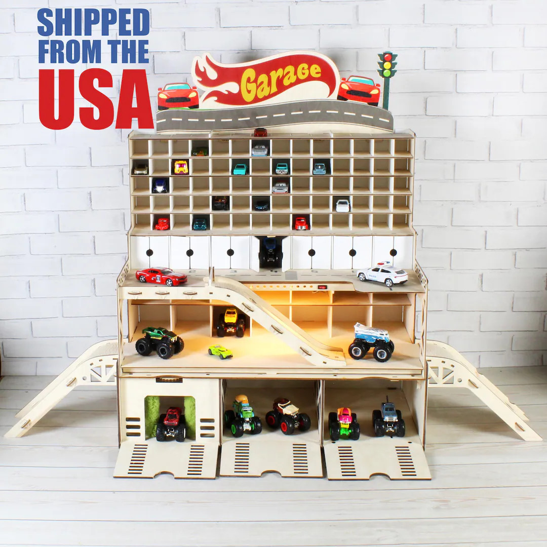 Wooden Toy Car Garage Organizer: 1/64 Scale, Playroom Storage - Etsy | Etsy (US)
