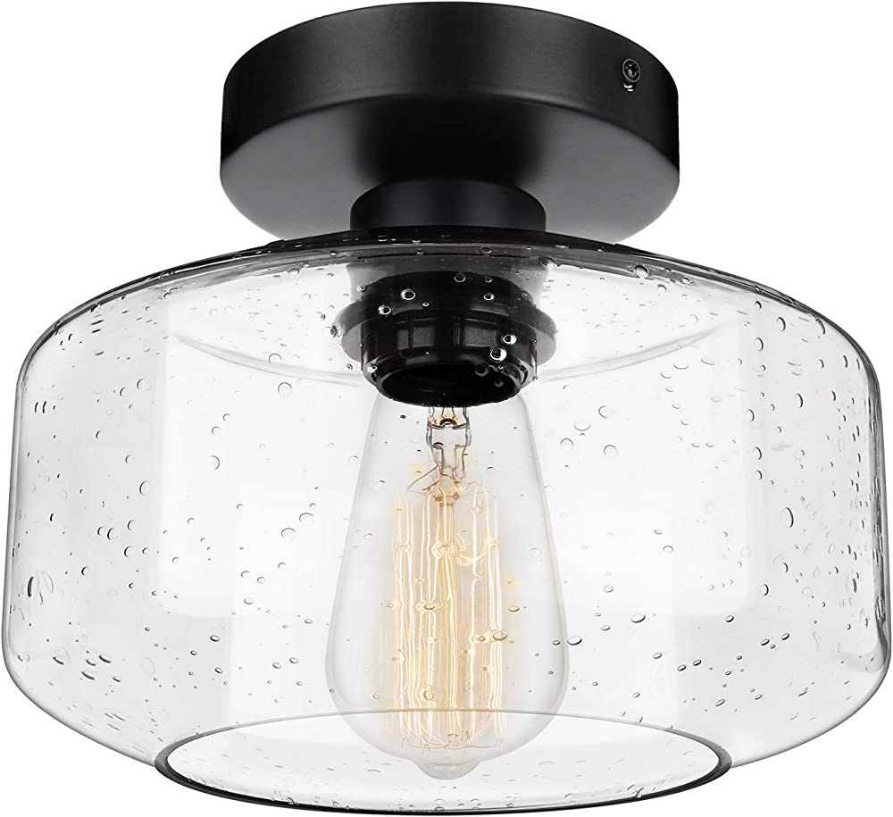 SunRider Industrial Semi-Flush Mount Ceiling Light, Seeded Glass Pendant Lamp Shade, Black Farmho... | Amazon (US)