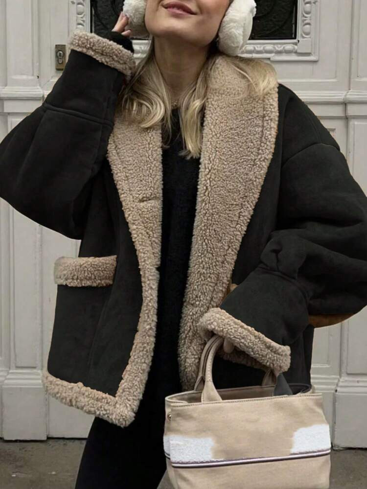 1pc Women's Vintage Lapel Loose Faux Fur Wool Blend Jacket | SHEIN