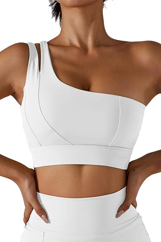 QINSEN Womens One Shoulder Yoga Bra Cutout Straps Athletic Sports Running Workout Top | Amazon (US)