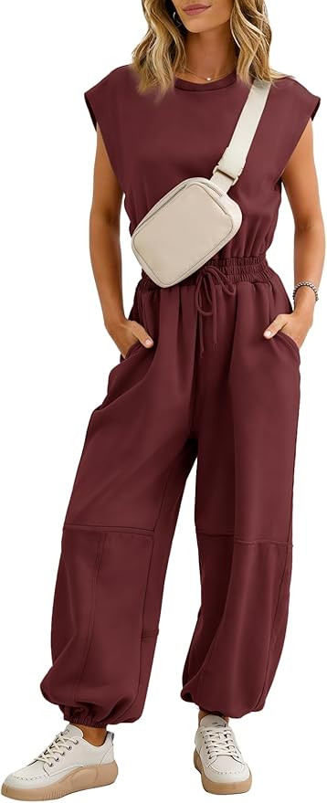 Flygo Womens Casual Jumpsuit Crewneck Cap Sleeve Long Wide Leg Pants One Piece Outfits Drawstring... | Amazon (US)