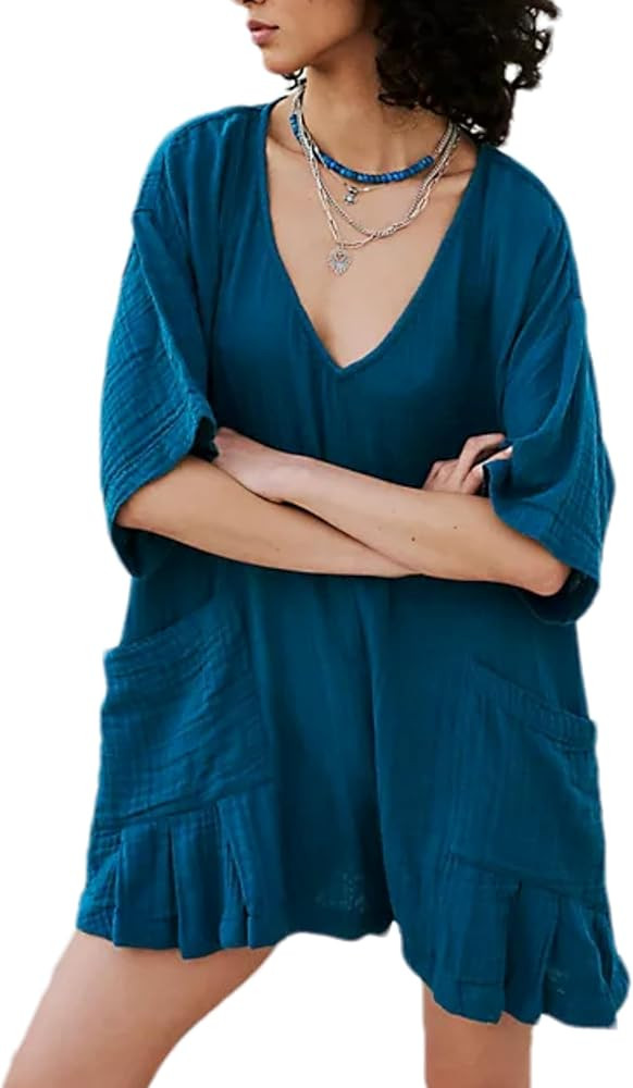 Zontroldy Women's Casual V Neck One Piece Jumpsuit Shorts Summer Short Romper Dresses with Pocket... | Amazon (US)