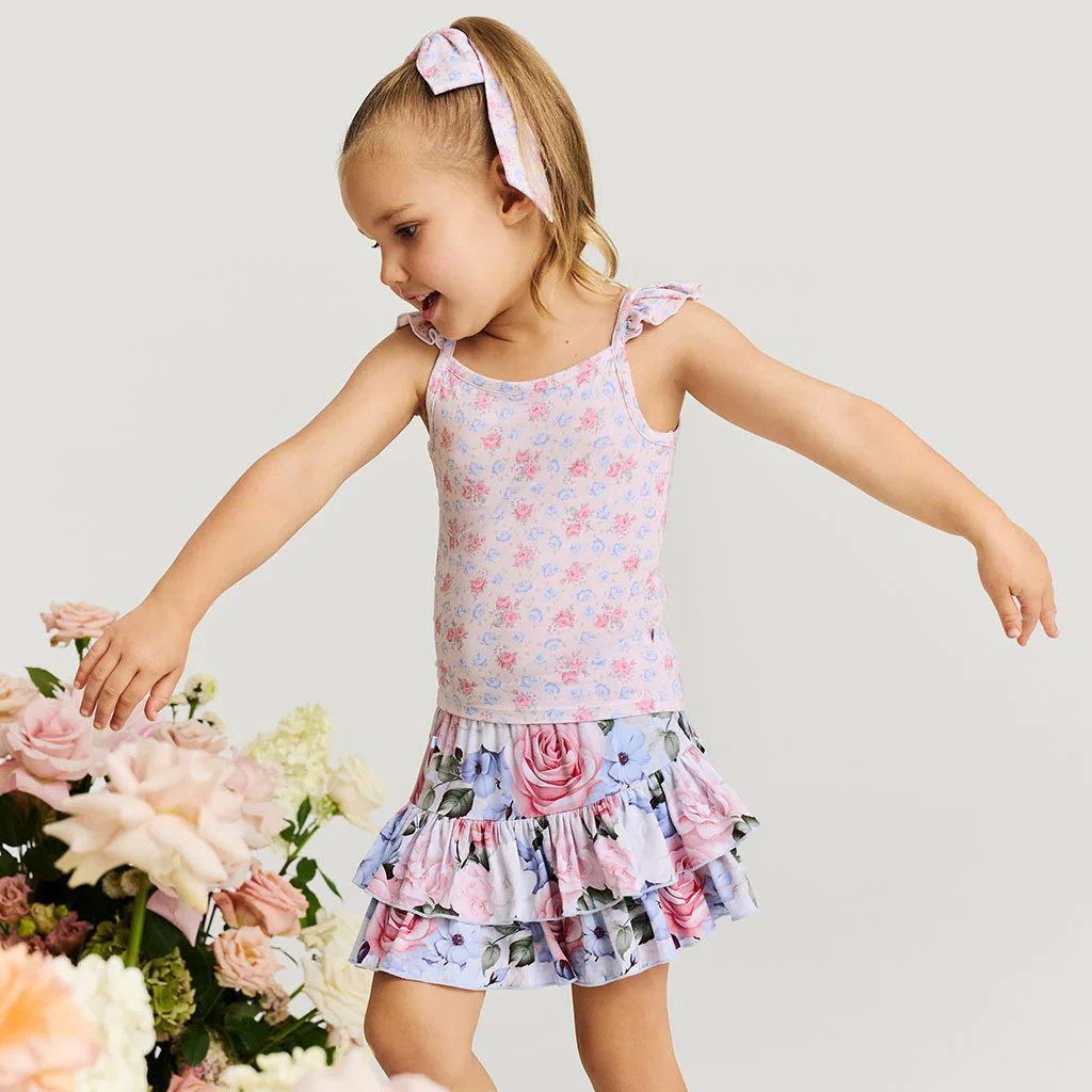 Floral Blue Girl Marion Ruffled Mini Skirt | Posh Peanut® | Posh Peanut
