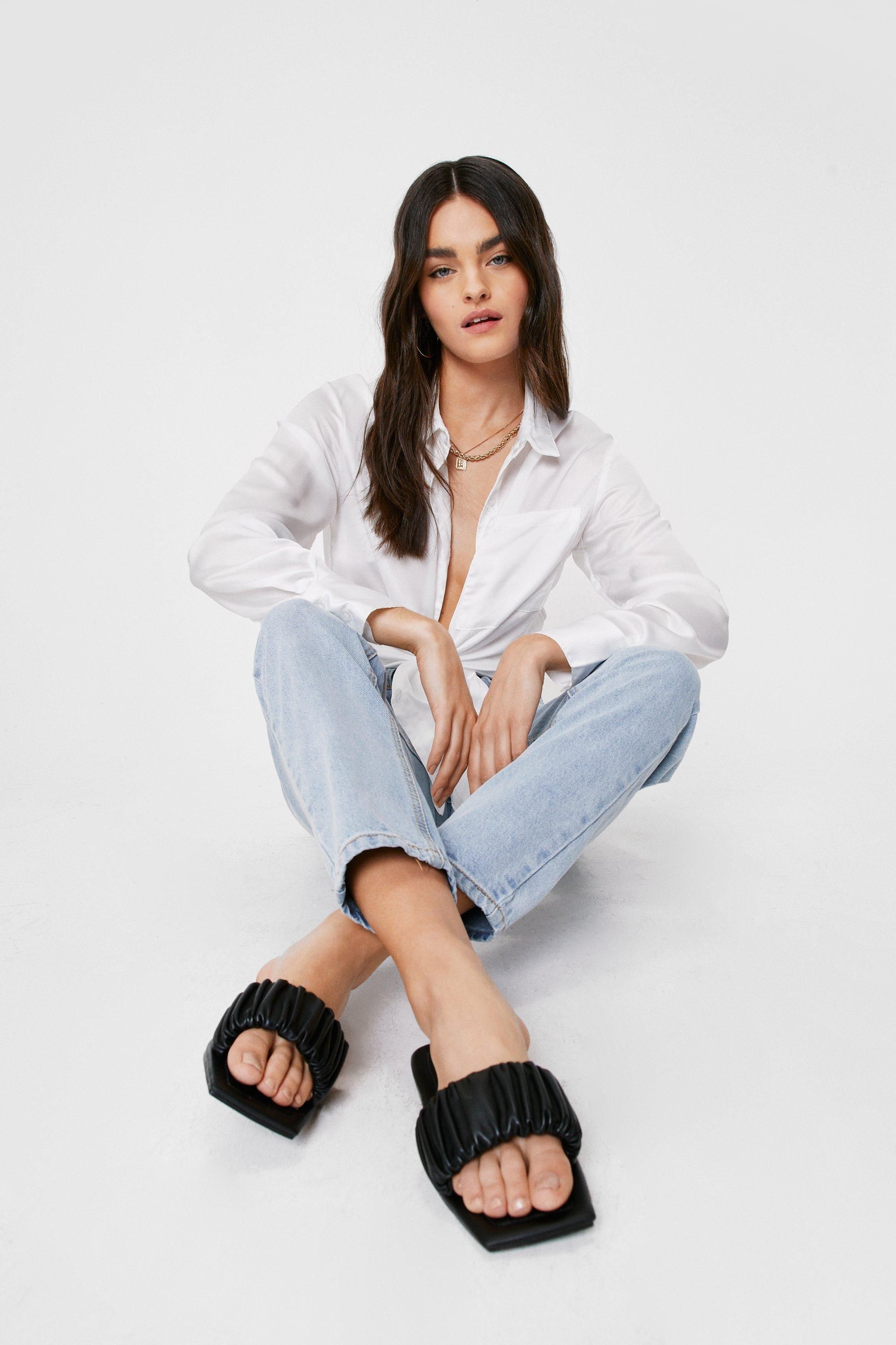 Leather Square Toe Ruched Strap Sandals | Nasty Gal (US)