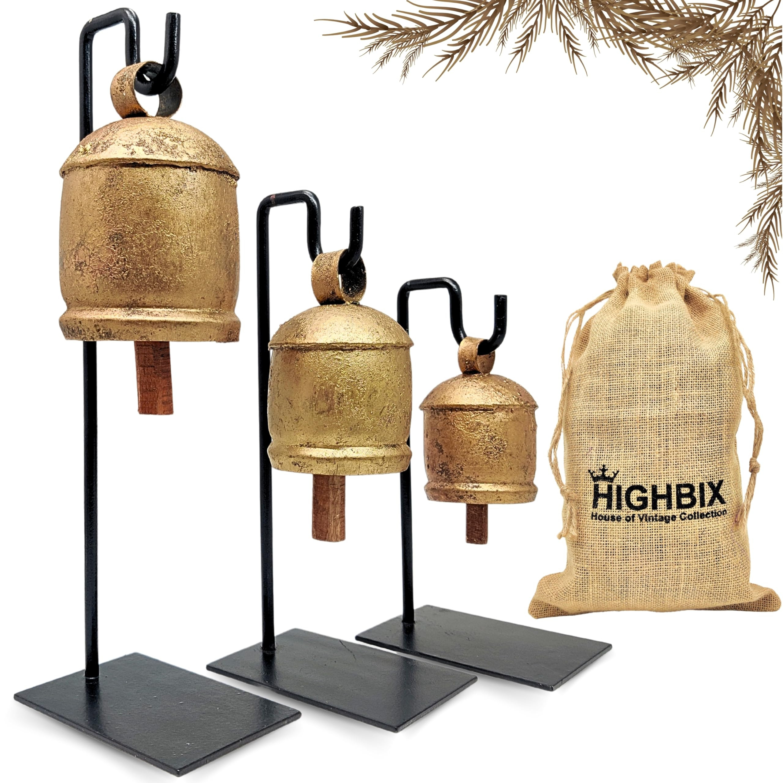 HIGHBIX Set of 3 Vintage Style Rustic Handmade Jingle Cowbells with Metal Stand Farmhouse Holiday... | Amazon (US)