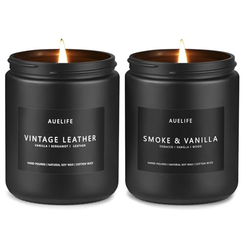 2 Pack Men Candles | Smoke & Vanilla Candle + Vintage Leather Candle - Scented Candle for Men - Masculine Candle - Candle for Home Scented, Soy Candle Gifts, Black Jar Candles - 7oz | Amazon (US)