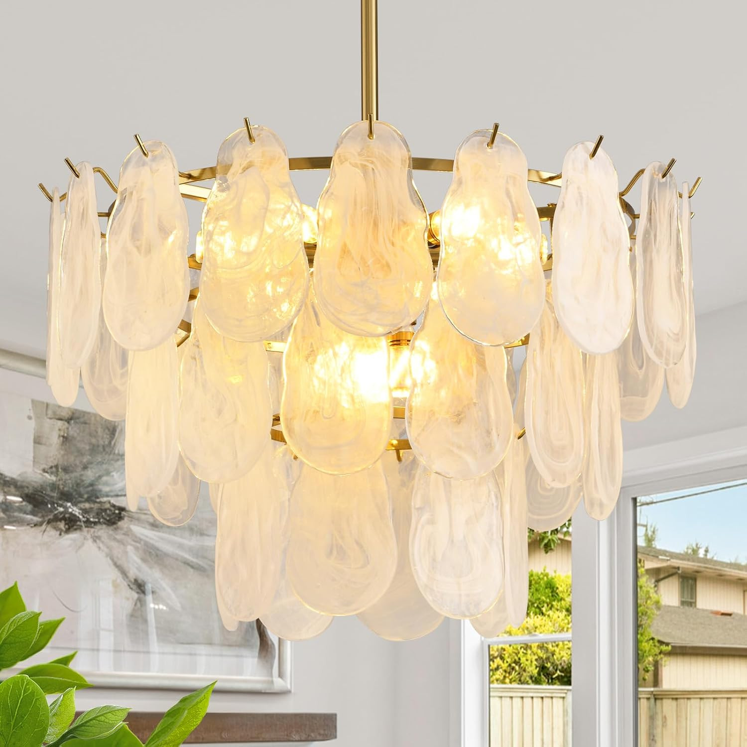 KELUOLY Modern Gold Chandelier Lighting, D23.6 Inch Creative Cloud Glass Pendant Ceiling Fixture Lamp, 3 Tier Round Crystal Glass Chandelier, 9-Light for Living Room Bedroom Dining Room (E12) | Amazon (US)