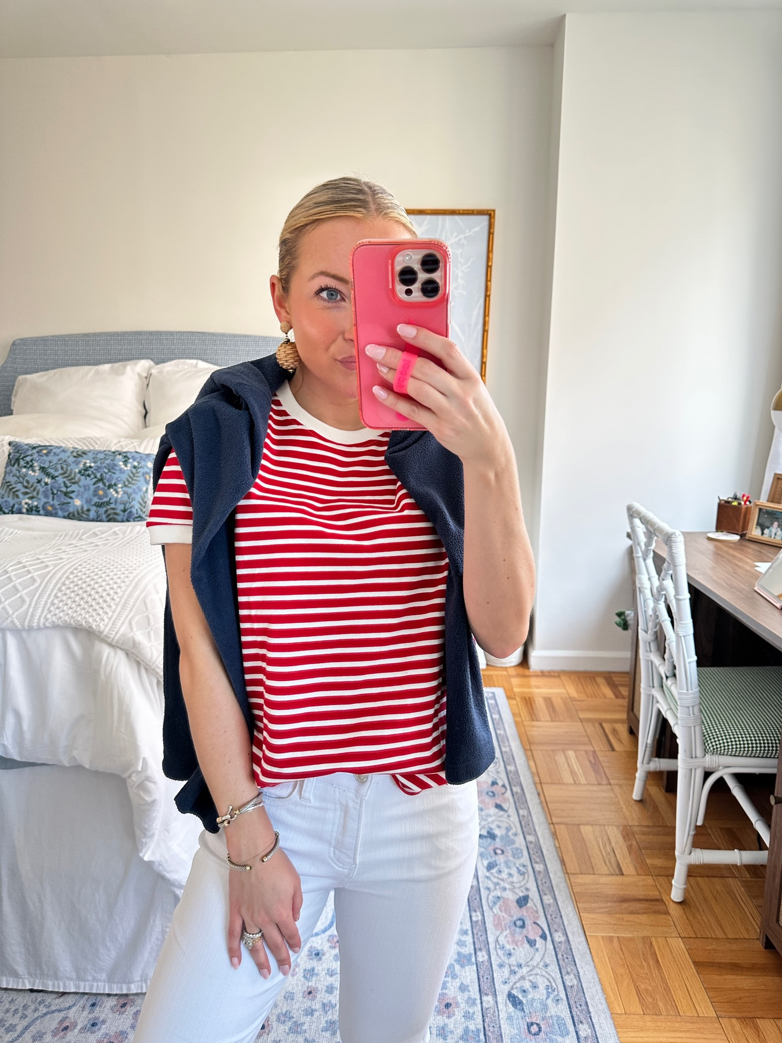 Memorial Day Weekend look ❤️🇺🇸🌊 Red and white striped sailor tea, white skinny jeans, David Yurman bracelets, Dudley Stevens navy fleece, and statement earrings

#LTKfit #LTKSeasonal #LTKstyletip