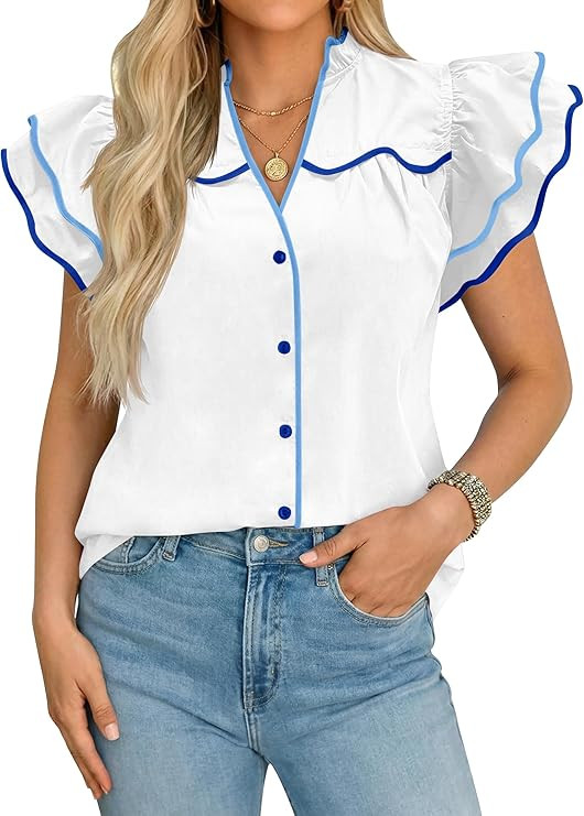 Tankaneo Womens Ruffle Short Sleeve Blouse V Neck Button Down Shirts Color Block Trendy Casual To... | Amazon (US)