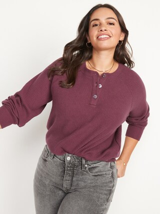 Loose Cropped Cozy Long-Sleeve Henley T-Shirt | Old Navy (US)