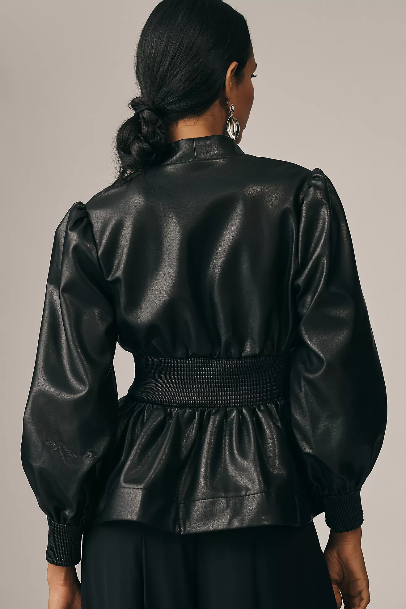 The Tommie Long-Sleeve Faux-Leather Smocked Front-Zip Blouse | Anthropologie (US)