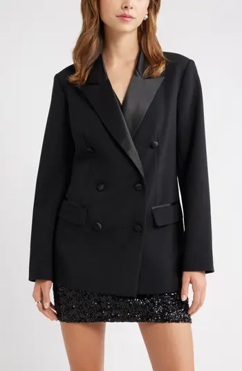 Open Edit Double Breasted Satin Trim Blazer in Black at Nordstrom Rack, Size X-Small | Nordstrom Rack