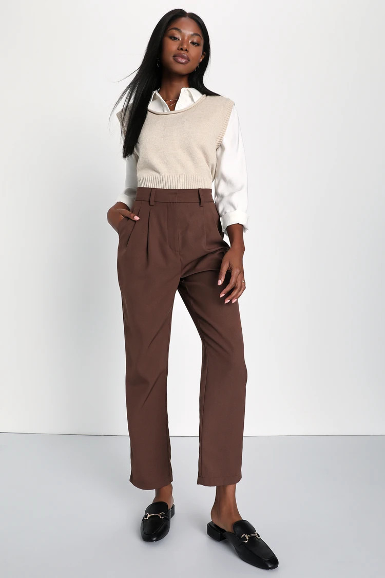 Posh Promotion Brown Twill High-Waisted Slim Leg Trouser Pants | Lulus (US)