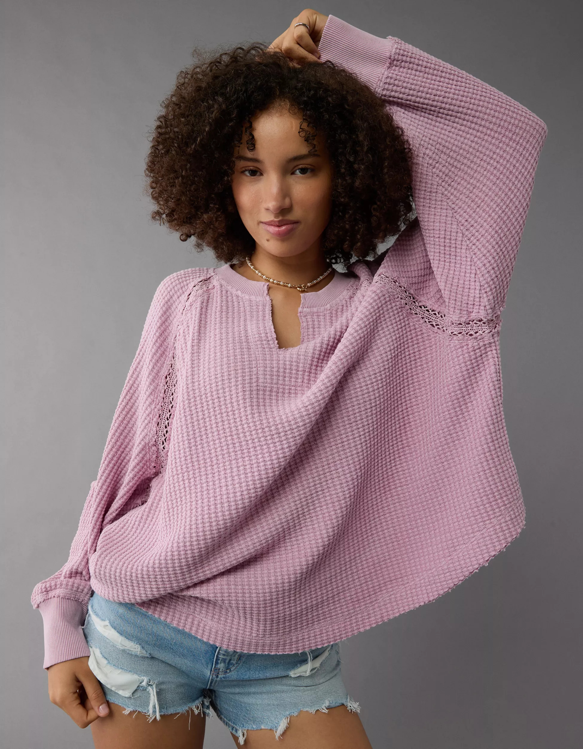 AE Big Hug Notch Neck Waffle Sweatshirt | American Eagle Outfitters (US & CA)