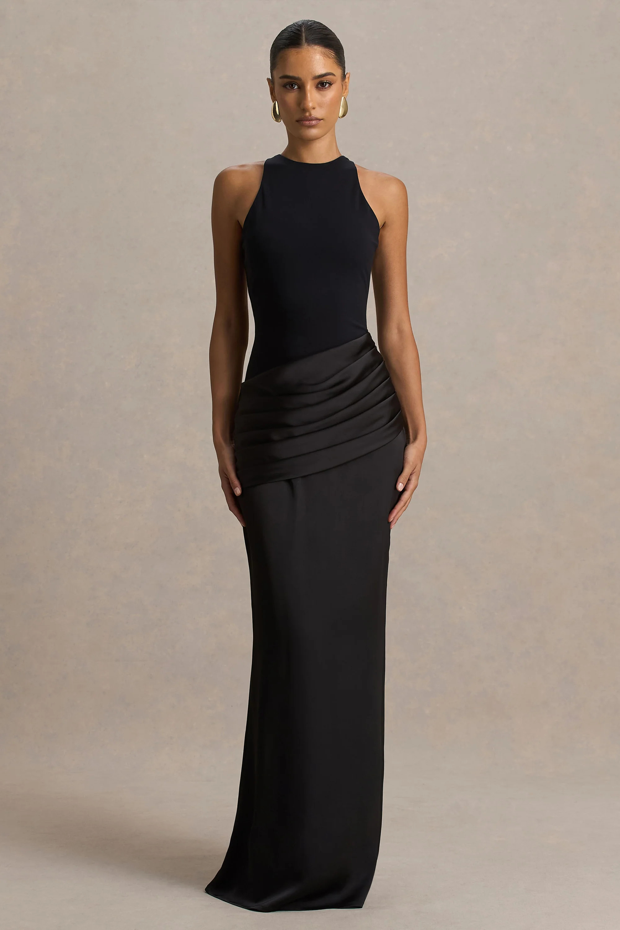 Akari | Black Crew-Neck Maxi Dress With Satin Skirt | Club L London
