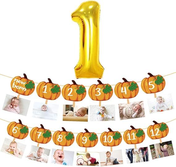 Little Pumpkin Photo Banner 12 Month Garland 1st Birthday Party Foil Balloon Decoration Autumn Th... | Amazon (US)