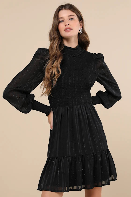 Heartful Romance Black Striped Smocked Long Sleeve Mini Dress | Lulus