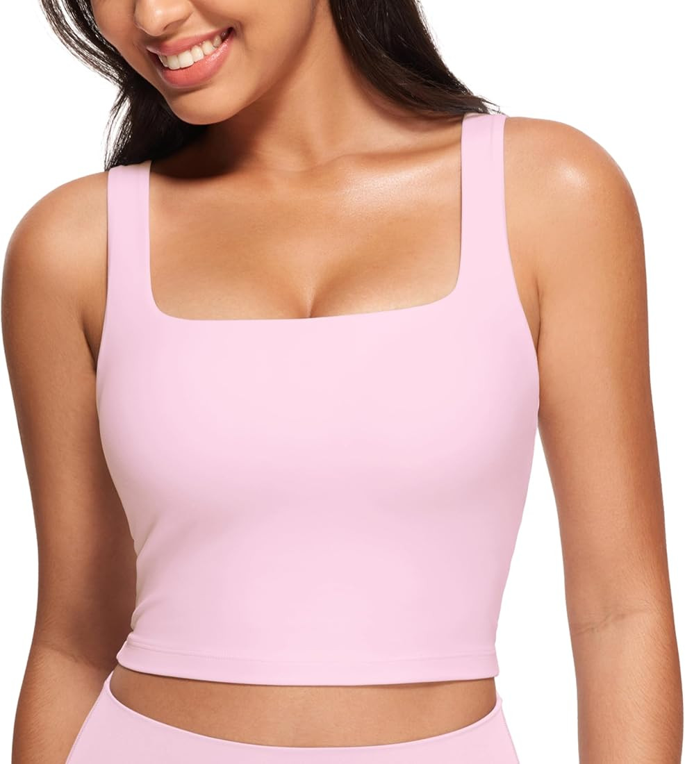 CRZ YOGA Butterluxe Womens Square Neck Longline Sports Bra - Workout Crop Tank Tops Padded with B... | Amazon (US)