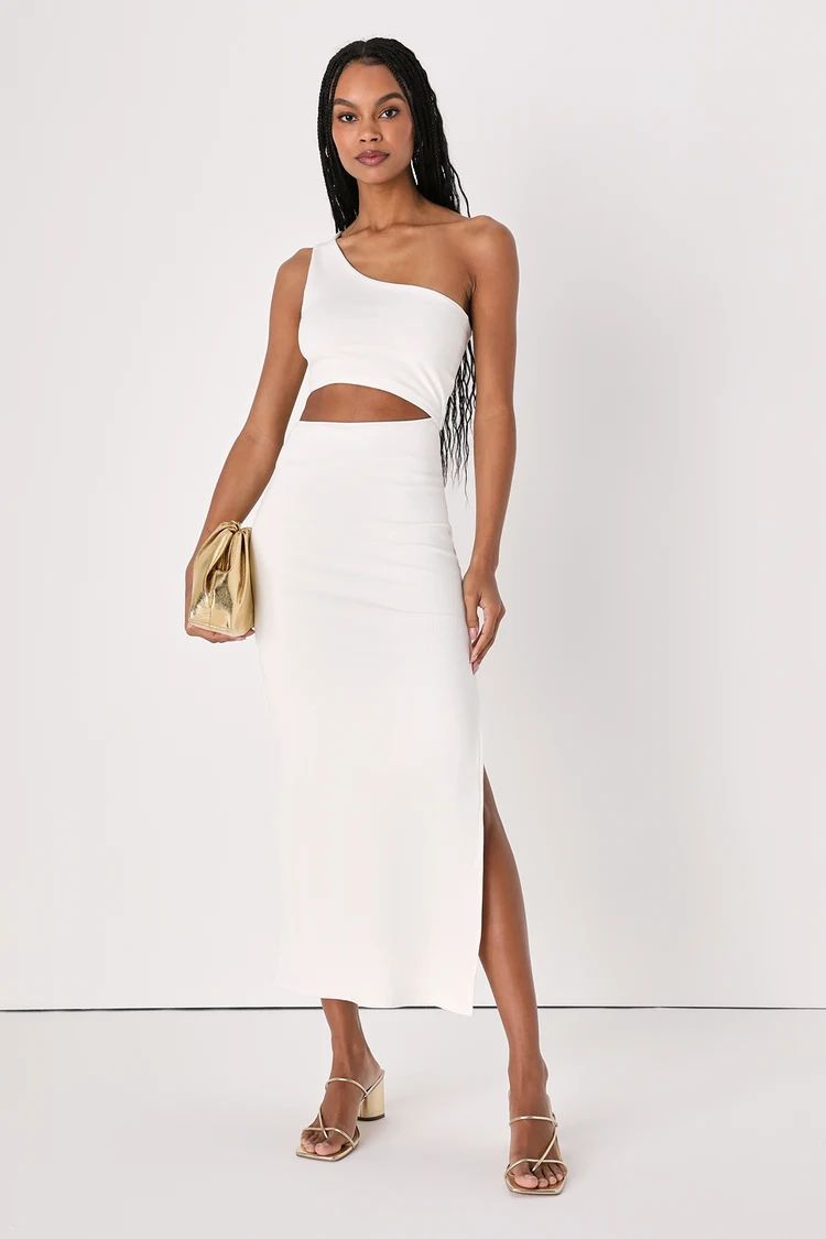 Spice Things Up Ivory Ribbed One-Shoulder Cutout Midi Dress | Lulus (US)