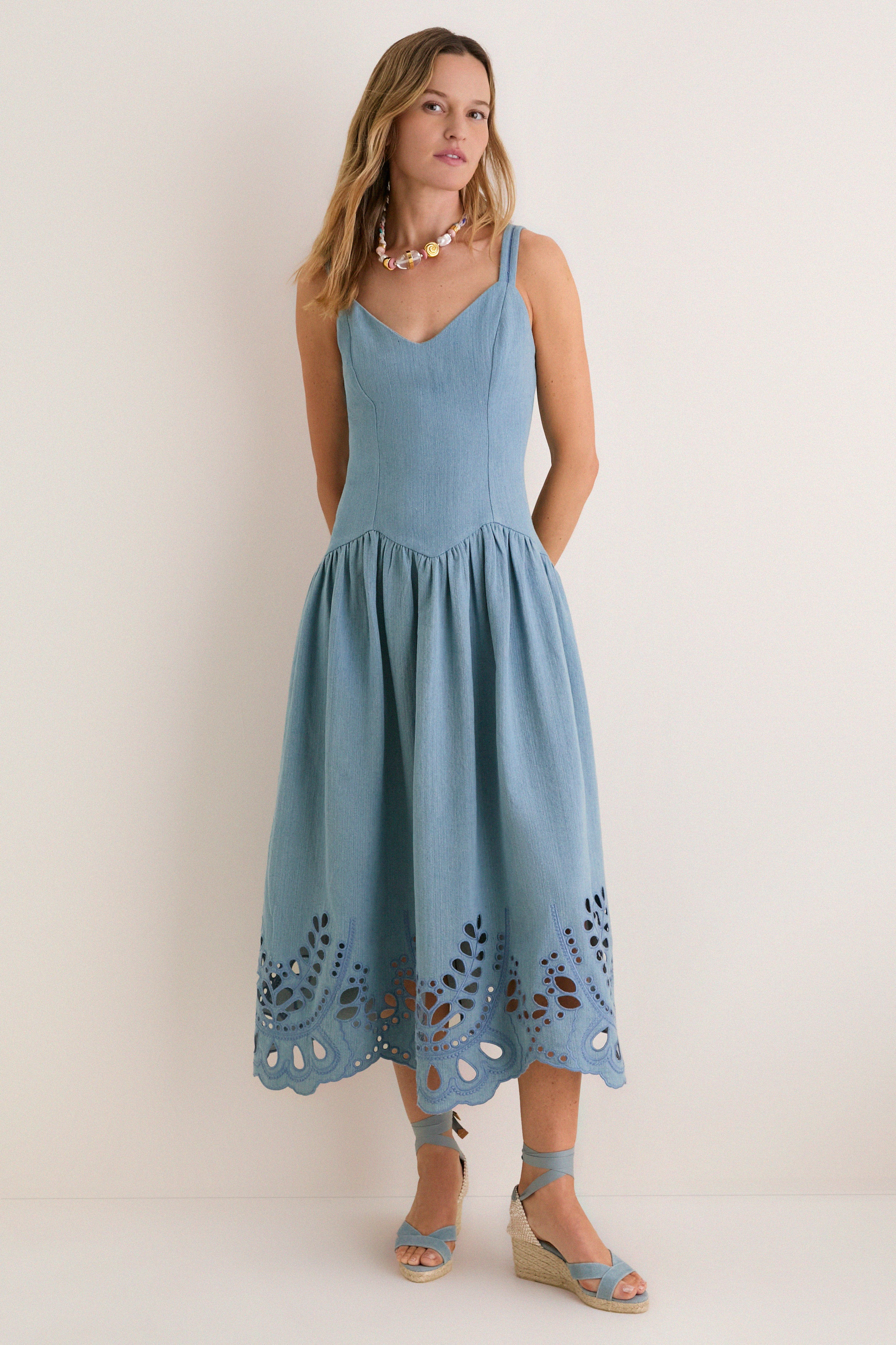 Light Blue V-Neck Eyelet Detail Midi Dress | Tuckernuck (US)