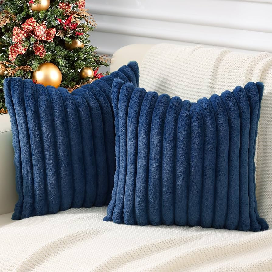 Faux Fur Plush Throw Pillow Covers 18x18 Set of 2 - Luxury Soft Fluffy Striped Decorative Pillow ... | Amazon (US)
