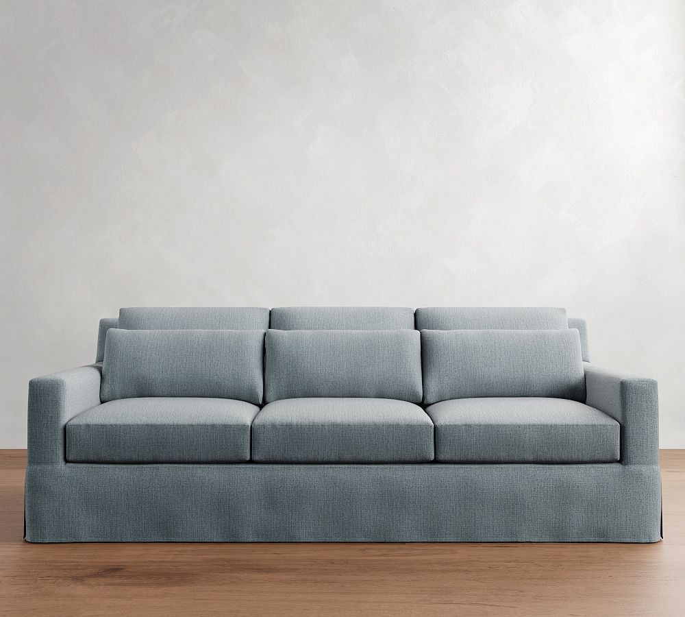 York Square Arm Deep Seat Grand Sofa 95" 3x3 Slipcover, Rustic Linen Chambray | Pottery Barn (US)
