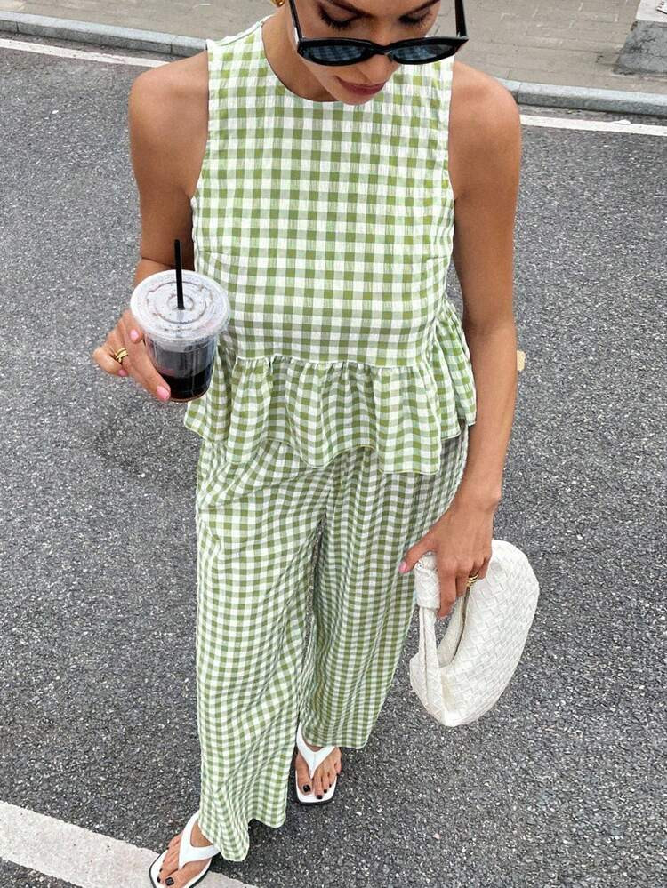 Siren Gaze Boho Chic Summer Outfits For Women 2025: Plaid Ruffle Hem Sleeveless Open Back Blouse & Wide-Leg Palazzo Pants Set - Vacation, Festival, Beach Resort Casual Two Pieces Ensemble With Breathable Linen-Like Fabric Gingham Set Two Piece Set Women Plaid Two Piece Set Summer Two Piece Set Casual Picnic Outfits Women Women Casual Outfits Womens Summer Outfits Women Spring Outfit Picnic Outfits For Women Womens Summer Co Ord Women Vacation Outfit Sets Trending Outfits For Women | SHEIN