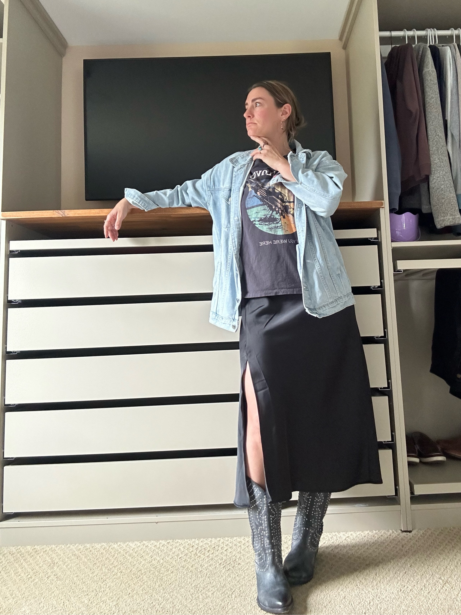 Street my Style 
.
A day walk in Chicago was the perfect opportunity to slide into my comfortable cowboy boots, satin slip dress, and graphic tee. Daytime hours called for my light wash denim jacket. Flip down to see a black denim jacket as an alternative 🖤🩵

#LTKStyleTip #LTKShoeCrush #LTKxNSale