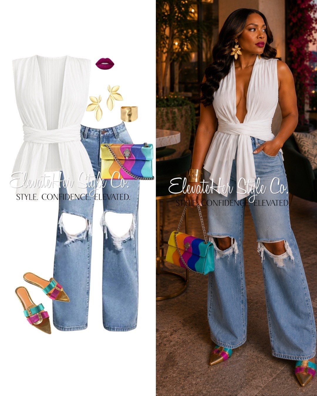 Style Tip: Don’t be afraid to mix casual denim with elevated statement pieces. The contrast is what makes the outfit feel intentional.

Style Secret: When wearing bold accessories, keep your clothing neutral. White and denim create the perfect canvas for vibrant pops of color.

Who It’s For: Women who want to look effortlessly chic for brunch, date night, rooftop cocktails, or vacation dinners without feeling overdressed.

ElevateHer Rule: Start with classic basics, then add one unexpected element that sparks conversation. In this look, it’s the colorful handbag and coordinating shoes.

#LTKootd #LTKmomlife #LTKselfcare