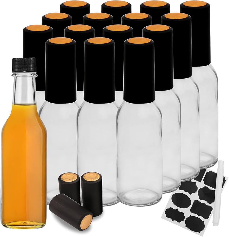 Hot Sauce Bottles with Black Caps, 16 pack 5oz empty glass bottles | Amazon (US)
