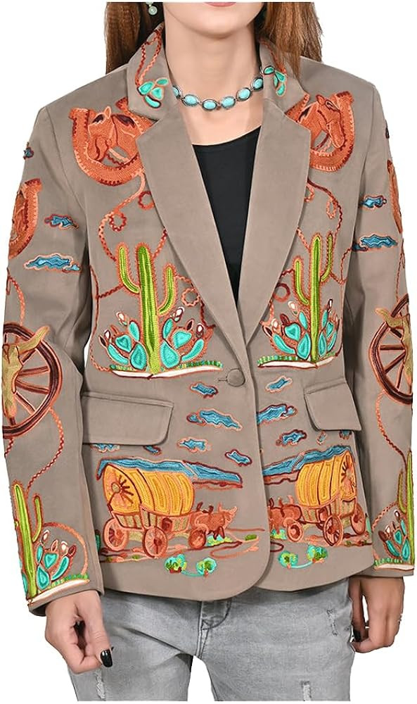 Women\u2019s Western Embroidered Blazer Jacket Cowgirl Rodeo NFR Vintage Cactus Wagon Tailored Fa... | Amazon (US)