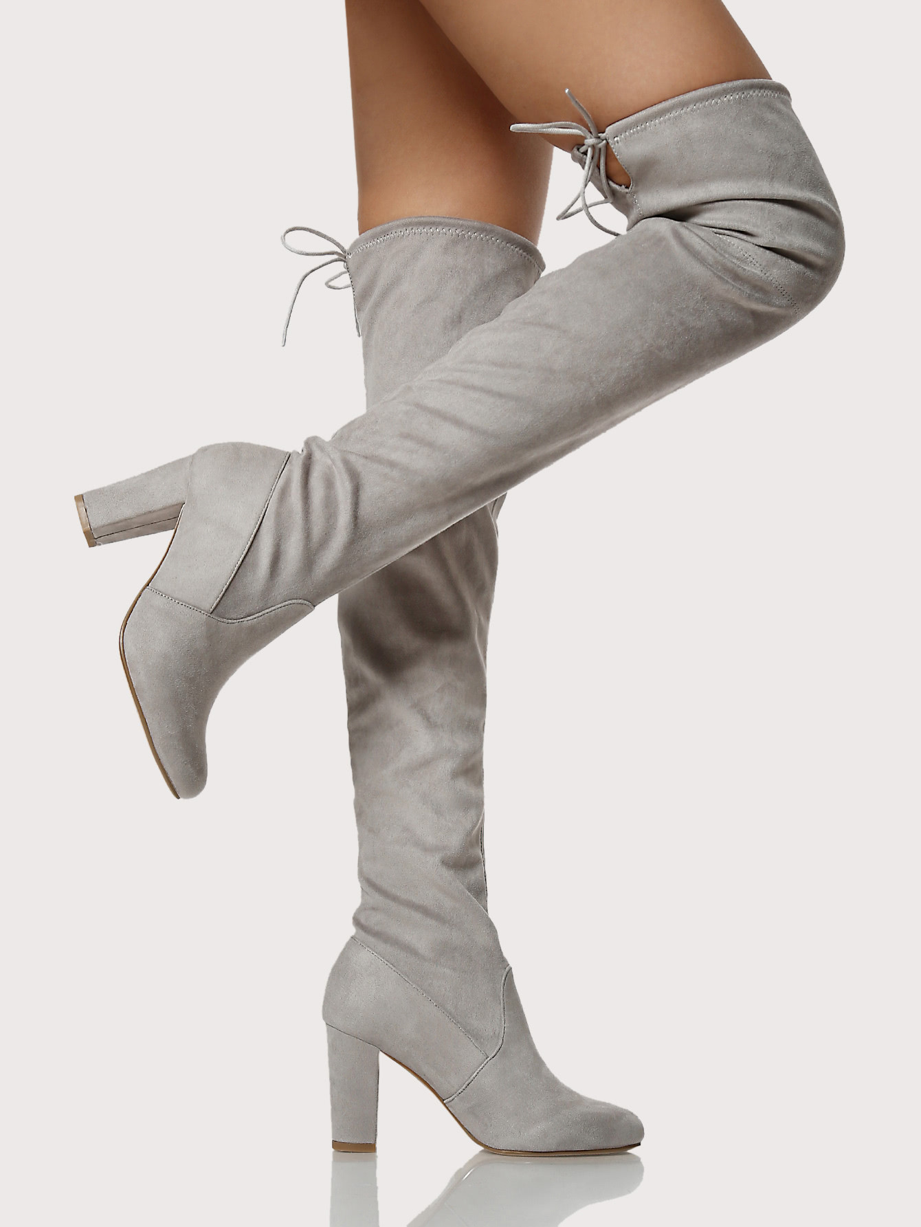 Faux Suede Back Tie Thigh High Boots LIGHT GREY | SHEIN