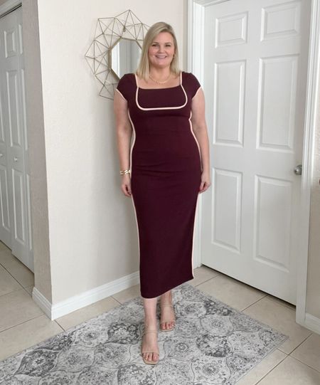 Amazon midi bodycon dress with contrast piping runs true to size. I’m in the large. Shapewear in size large. I sized down half a size in the shoes  

#LTKstyletip #LTKover40 #LTKmidsize