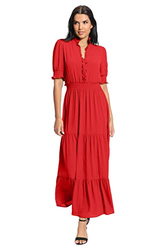 London Times Women's Plus Size Smocked Puff SLV Ruffle Nk Tiered Midi Dress, True Red, 14 | Amazon (US)