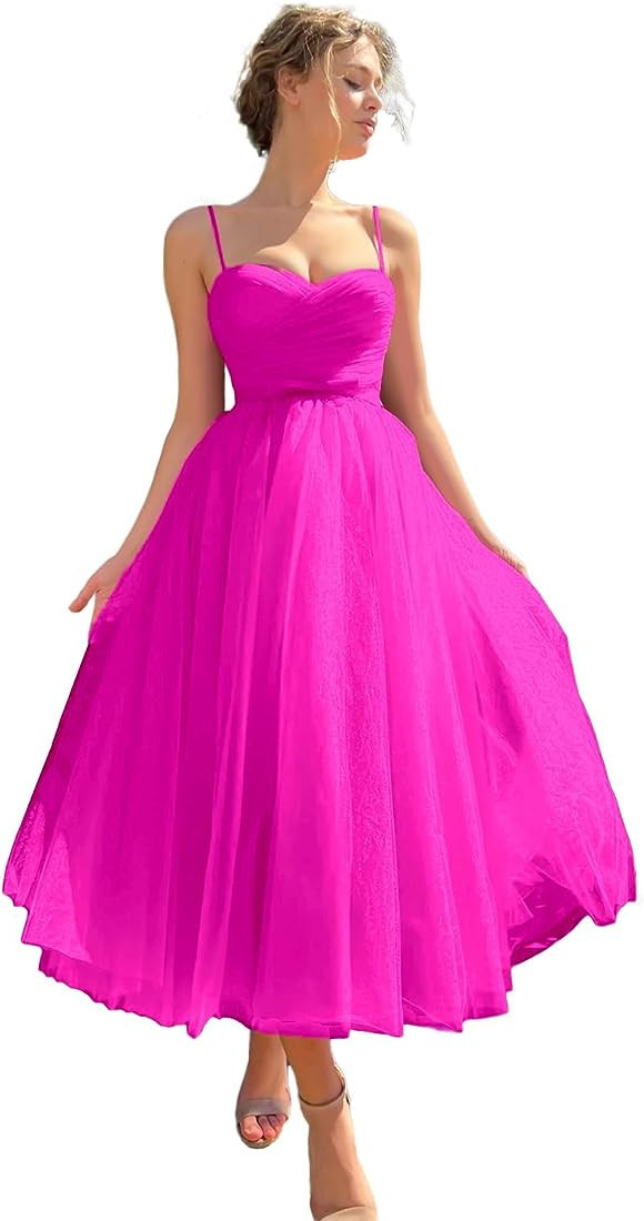 Sevintage Spaghetti Straps Tulle Prom Dress Tea Length Formal Party Evening Dress with Pockets | Amazon (US)