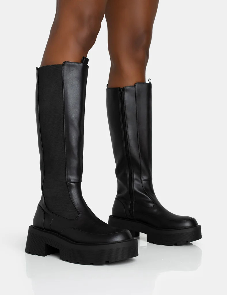 Evergreen Black Pu Knee High Elasticated Detail Chucky Heeled Sole Boots | Public Desire