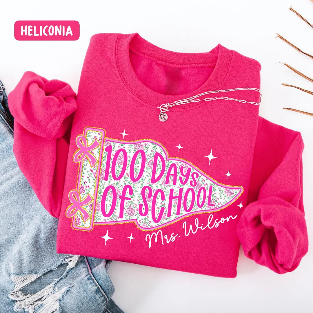 100 Days of School Pennant Flag Teacher Sweatshirt, Comfort Colors Custom Teacher Name Shirt, 100... | Etsy (US)