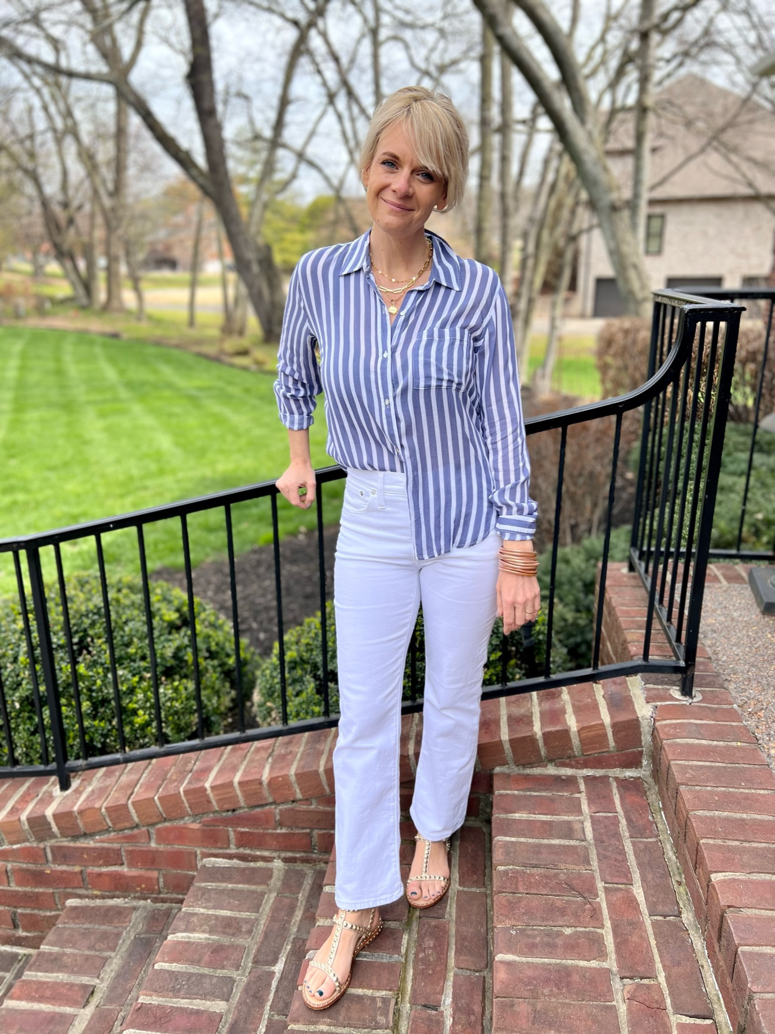 Striped Button-Up Shirt + White Jeans + Metallic Sandals

#LTKshoecrush #LTKSeasonal #LTKstyletip