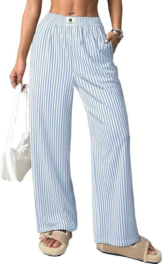 EVALESS Women's Striped Pants Spring Summer 2026 Comfy Pajama Pants High Waist Wide Leg Lounge Pa... | Amazon (US)