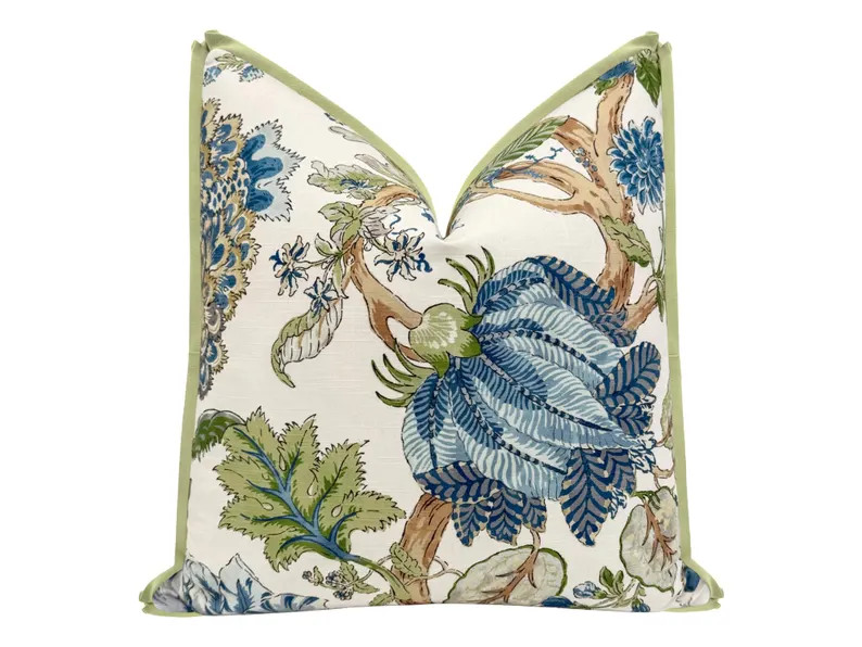 Josephine // Baltic Blue + Olive with Butterfly Flange | floral print | floral throw pillow | Etsy (Global)