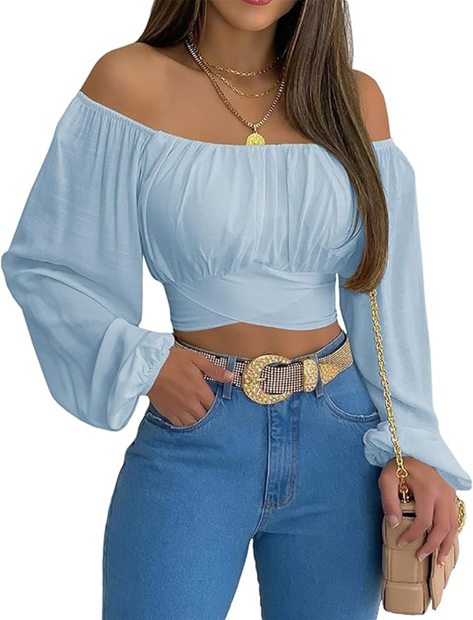 MIRACMODA Woman Off Shoulder Ruched Tie Back Crop Top Summer Lantern Sleeve Boho Shirt Blouse Blu... | Amazon (US)