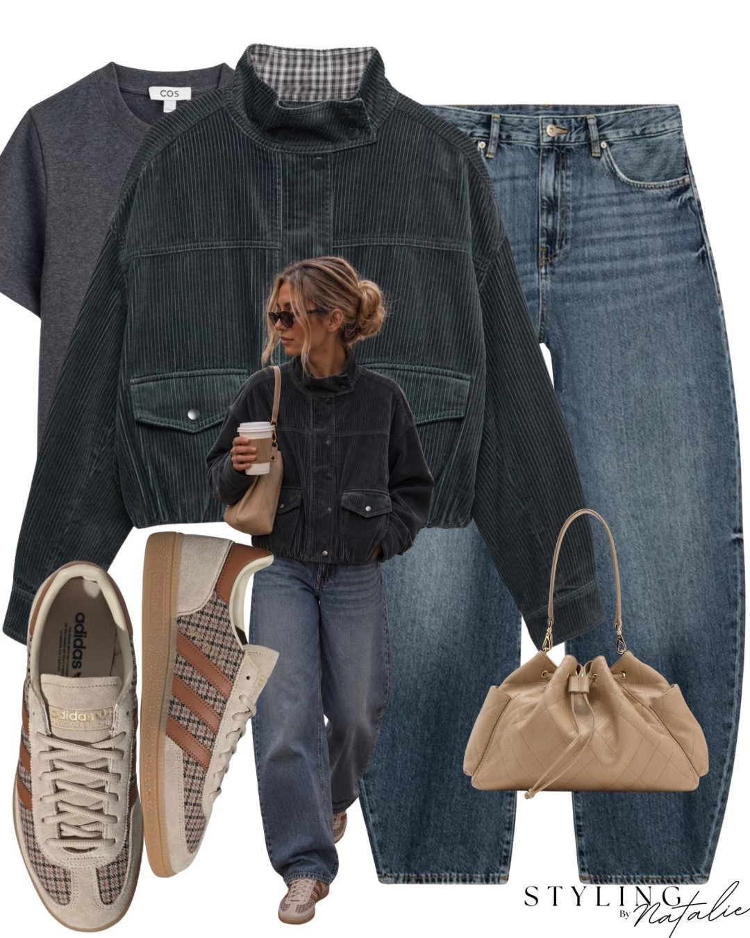 Navy corduroy jacket with double pockets, dark denim barrel leg jeans, Adidas Spezial trainers with checked print grey T-shirt quilted chain bag . 
casual every day wear autumn outfit, fall outfit, checkered print, Marks & Spencer Zara Mango elevated casual funnel neck.

#LTKautumn #LTKeurope #LTKjeans