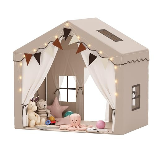 EROMMY 2-in-1 play tent with Soft Mat, Colorful Flags and Light Strips, Double Door Design Kids Tent indoor with Skylight,for 3+ Years Brown | Amazon (UK)