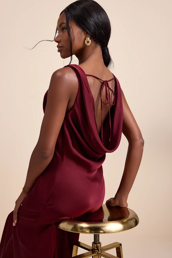 Aernah Wine Red Satin Cowl Tie-Back Slip Maxi Dress | Lulus