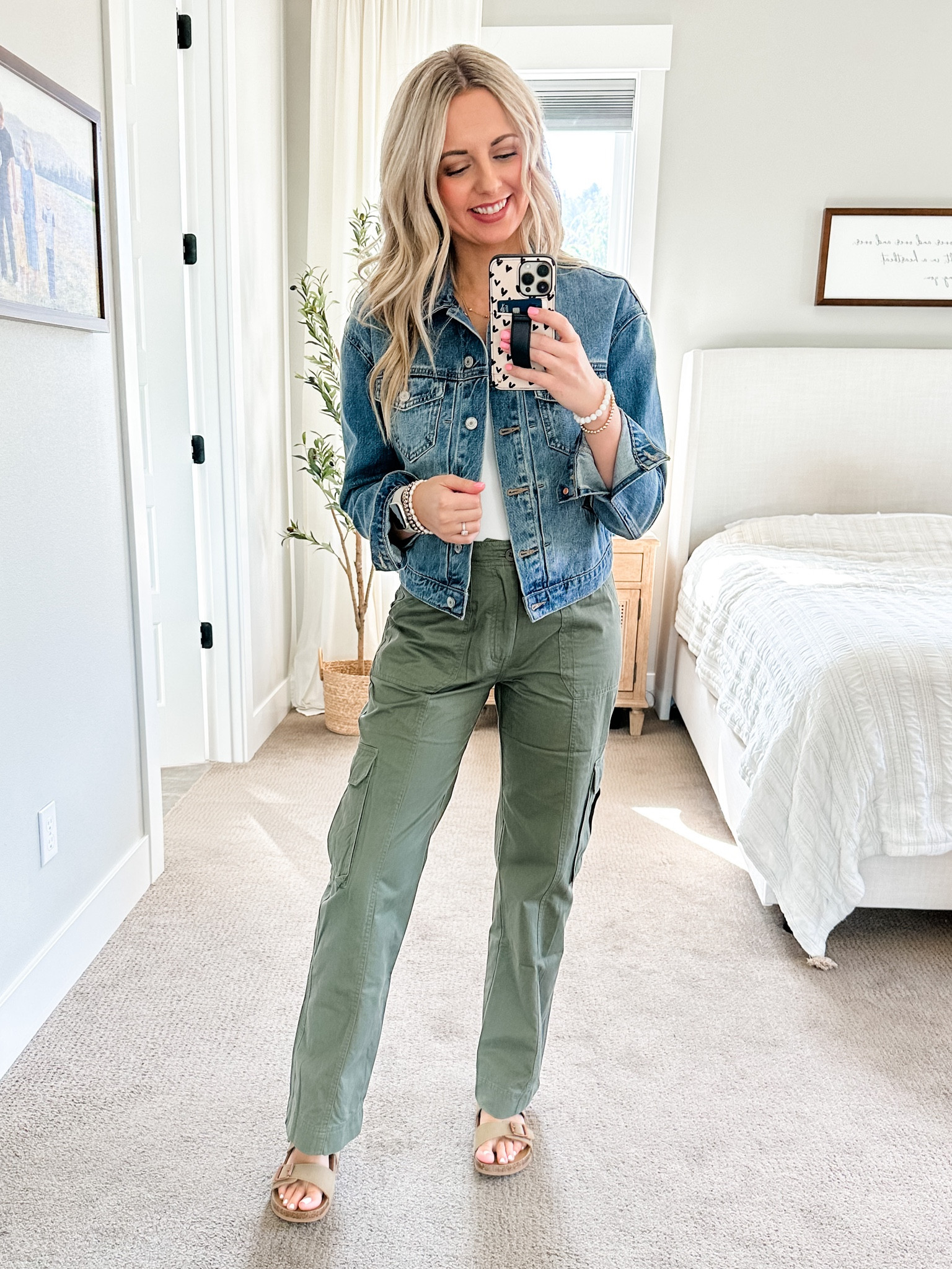 Abercrombie olive green cargo pants styled with a Jean jacket, white body suit and Birkenstock dupes from Target. Cute spring outfit!

#LTKunder50 #LTKstyletip #LTKunder100