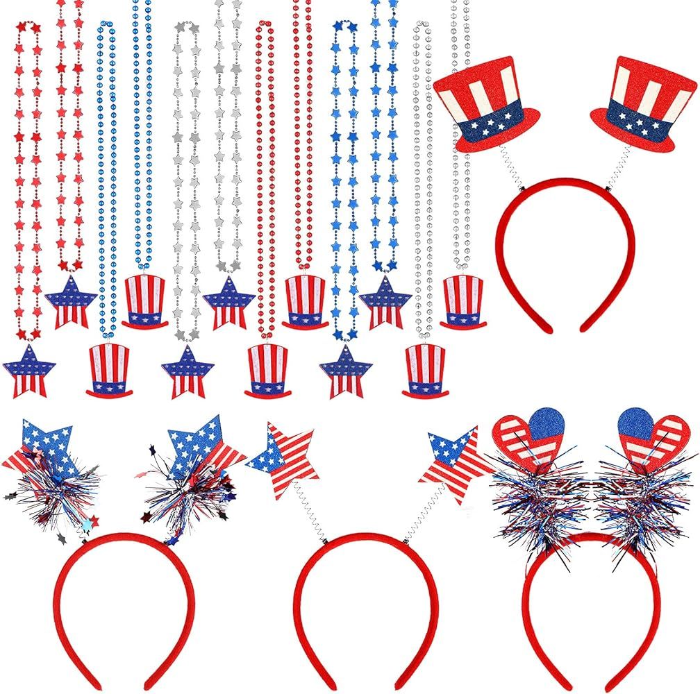 16 Pieces Patriotic Star headband Patriotic Metallic Star Bead Necklaces Uncle American Flag Head... | Amazon (US)