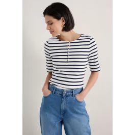 Early Orchid Striped Ribbed Henley Top | Seasalt Cornwall