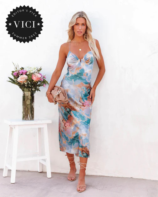 Cosmo Marble Print Satin Slip Midi Dress - Blue | VICI