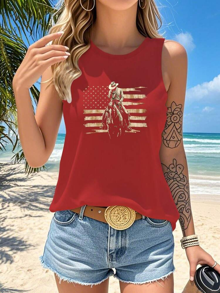 Cowboy With American Flag Pattern Women's Casual Vest | SHEIN